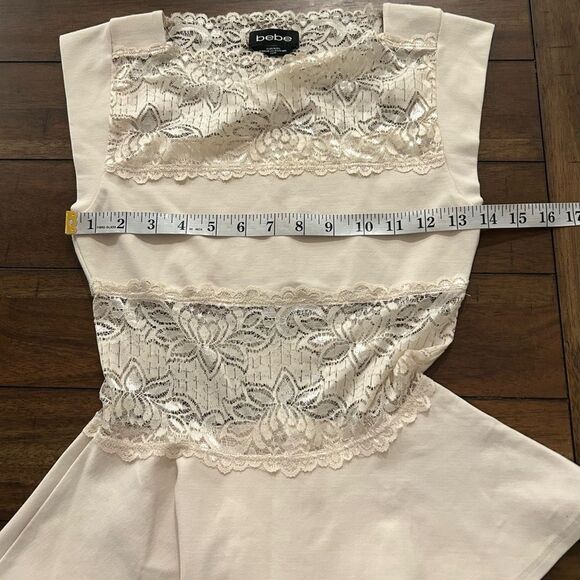 BEBE Cream Lace Panel Peplum Top Size XS - Picture 10 of 10